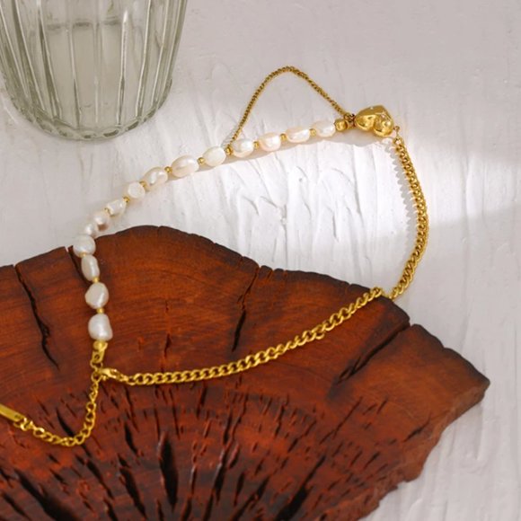 New 18K Gold Natural Pearl Heart Chain Necklace - Picture 8 of 16